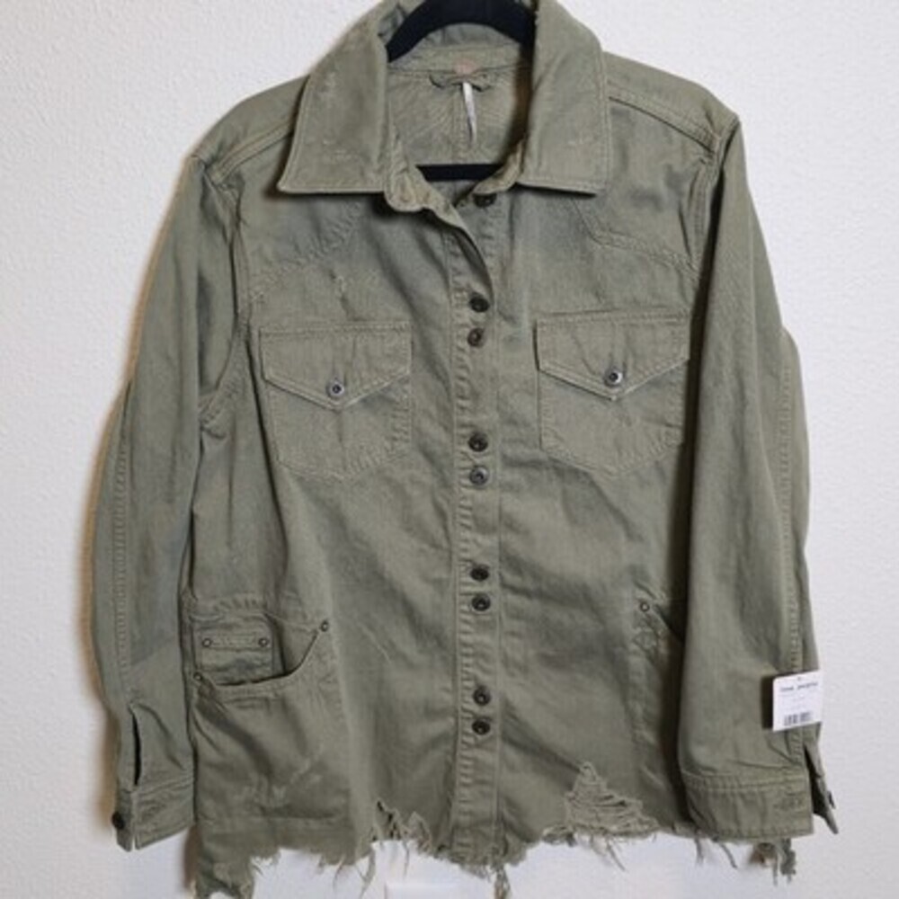 Free People Olive Green Utility Jacket Women’s Medium Distressed Raw Hem NWT - Picture 1 of 11